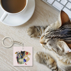 Black Kitten Paint Brush Jar Artist Cat Pink Key Ring