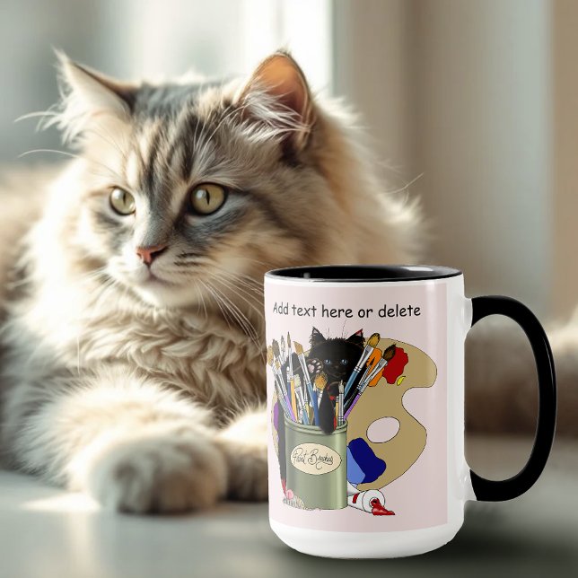 Black Kitten Paint Brush Jar Artist Cat Pink Mug (Creator Uploaded)