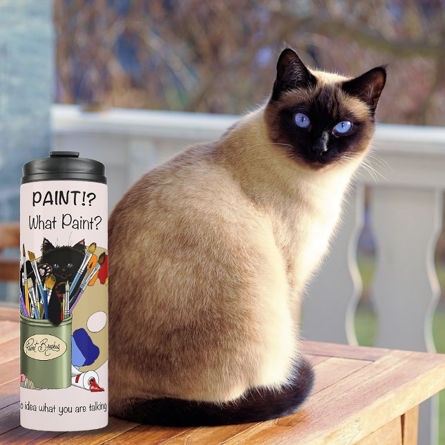 Black Kitten Paint Brush Jar Artist Cat Pink Thermal Tumbler (Creator Uploaded)