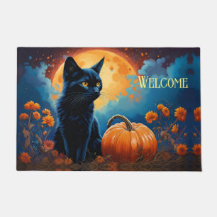 Black Kitten Pumpkin Full Moon Autumn Flowers Doormat