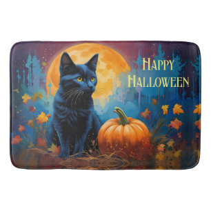 Black Kitten Pumpkin Full Moon Autumn Leaves Bath Mat