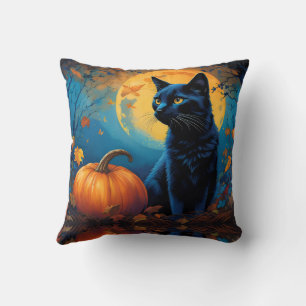 Black Kitten Pumpkin Full Moon Autumn Leaves Cushion