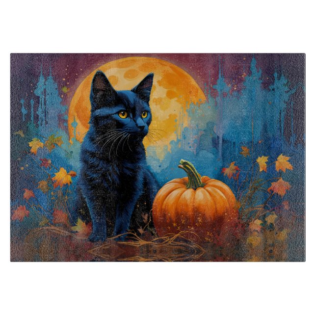 Black Kitten Pumpkin Full Moon Autumn Leaves Cutting Board (Front)