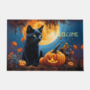 Black Kitten Pumpkin Full Moon Autumn Leaves Doormat
