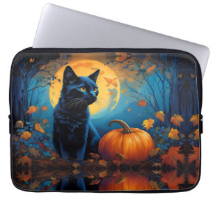 Black Kitten Pumpkin Full Moon Autumn Leaves Laptop Sleeve