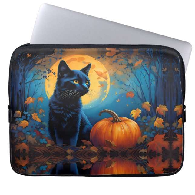 Black Kitten Pumpkin Full Moon Autumn Leaves Laptop Sleeve (Front)
