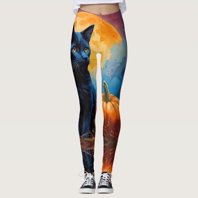 Black Kitten Pumpkin Full Moon Autumn Leaves Leggings (Front)