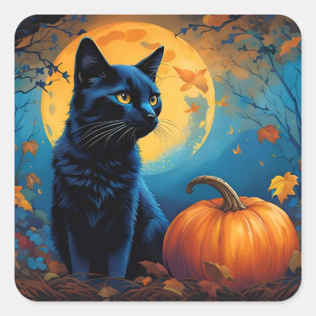 Black Kitten Pumpkin Full Moon Autumn Leaves Square Sticker (Front)
