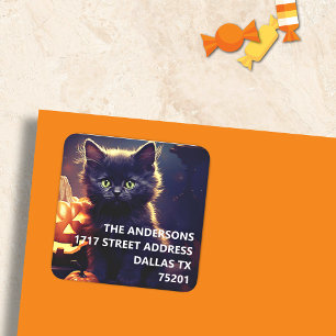 Black Kitten & Pumpkins Halloween Address Sticker