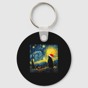 Black Kitten Santa Hat Van Gogh Style Starry Night Key Ring