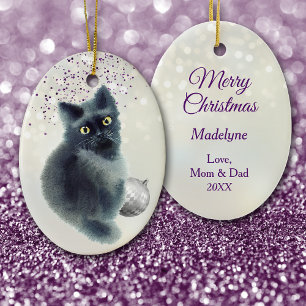 Black Kitten Silver Bulb Bokeh Christmas Ceramic Ornament