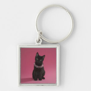 Black kitten wearing jewelled necklace key ring