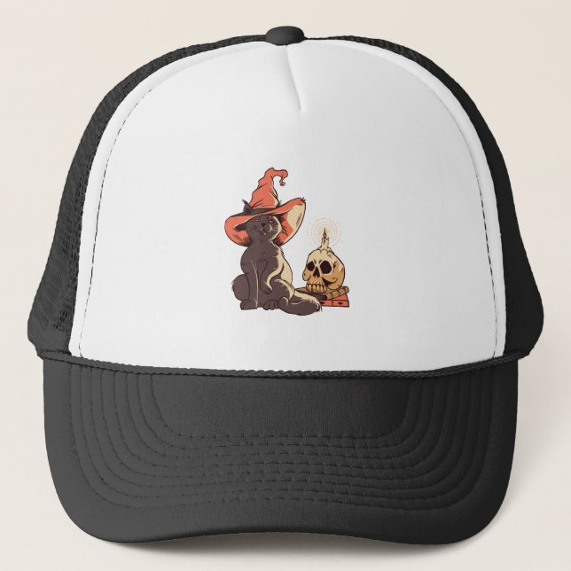 Black Kitten Witch Halloween Design Trucker Hat (Front)