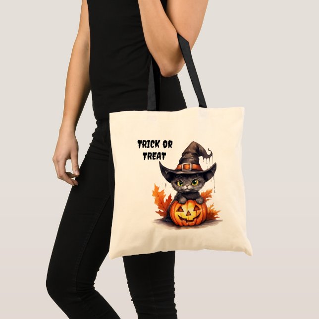 Black Kitten Witch Hat Kids Halloween Treat Tote Bag (Front (Product))