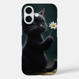 Black Kitten With a White Daisy iPhone 16 Case