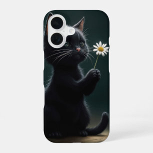 Black Kitten With a White Daisy iPhone 16 Case