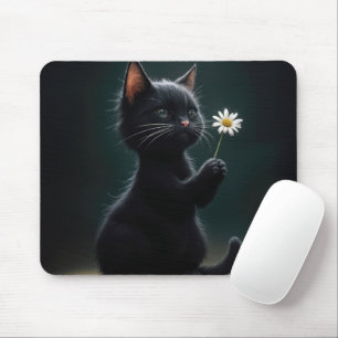 Black Kitten With a White Daisy Mouse Pad