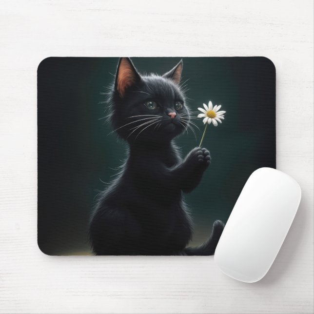 Black Kitten With a White Daisy Mouse Pad (With Mouse)