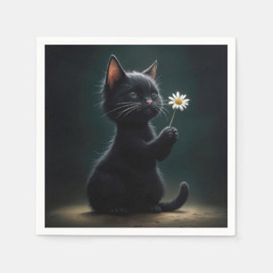 Black Kitten With a White Daisy Napkin