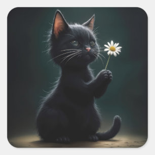 Black Kitten With a White Daisy Square Sticker