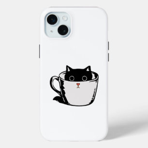 Black kitten with red nose hiding in a cup iPhone 15 mini case