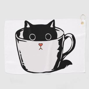 Black kitten with red nose hiding in a cup golf towel
