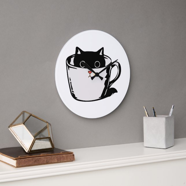 Black kitten with red nose hiding in a cup large clock (Office)