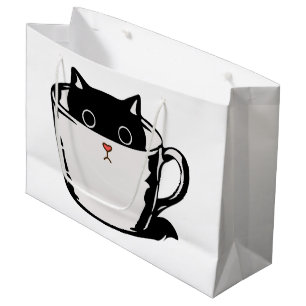 Black kitten with red nose hiding in a cup large gift bag