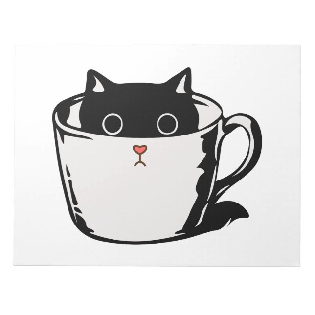 Black kitten with red nose hiding in a cup notepad (Front)
