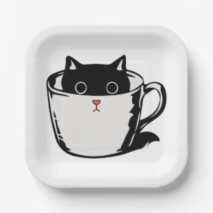 Black kitten with red nose hiding in a cup paper plate