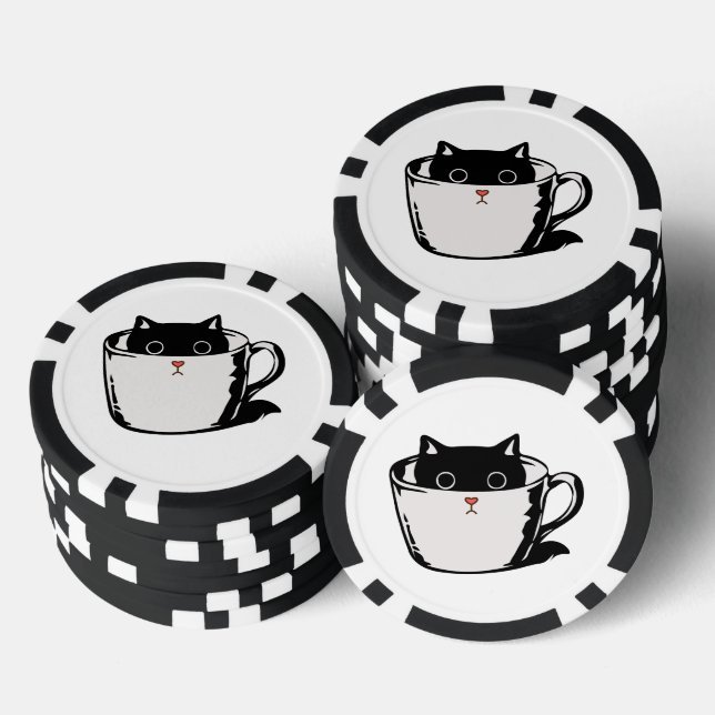 Black kitten with red nose hiding in a cup poker chips (Stack)