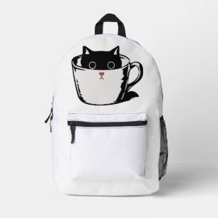 Black kitten with red nose hiding in a cup printed backpack