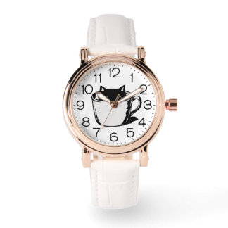 Black kitten with red nose hiding in a cup watch