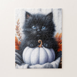 Black Kitten with White Pumpkin Halloween Jigsaw Puzzle