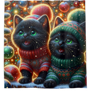 “Black Kittens’ Santa Sighting" Shower Curtain