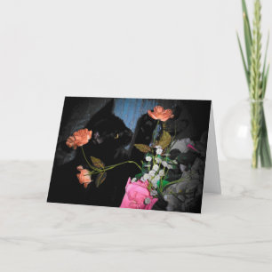 Black Kitty and flowers greeting card