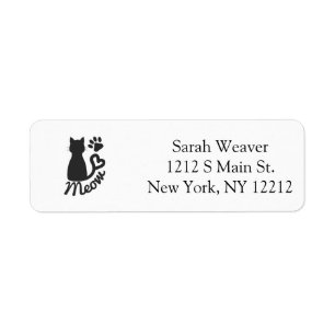 Black Kitty Cat and "Meow" Paw Print Return Address Label