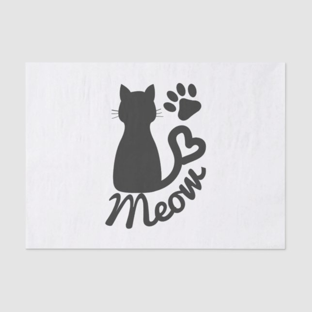 Black Kitty Cat and "Meow" Paw Print Tissue Paper (Front)