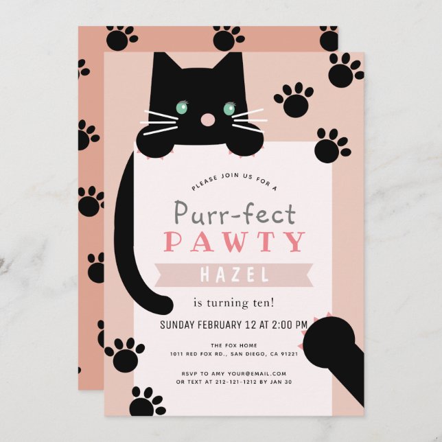 Black Kitty Cat Girl Pink Birthday Invitation (Front/Back)