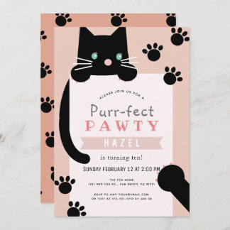 Black Kitty Cat Girl Pink Birthday Invitation
