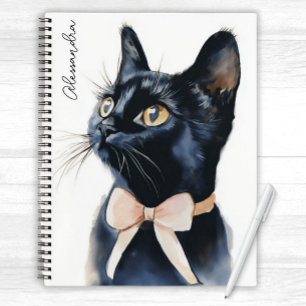 Black Kitty Cat in Peach Bow Personalised Notebook
