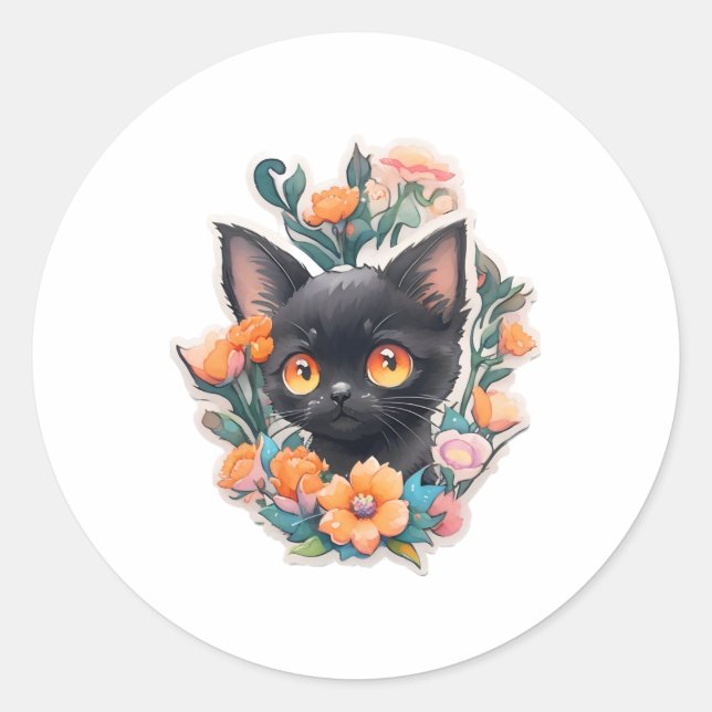 Black Kitty Cat Kitten Neko   Classic Round Sticker (Front)