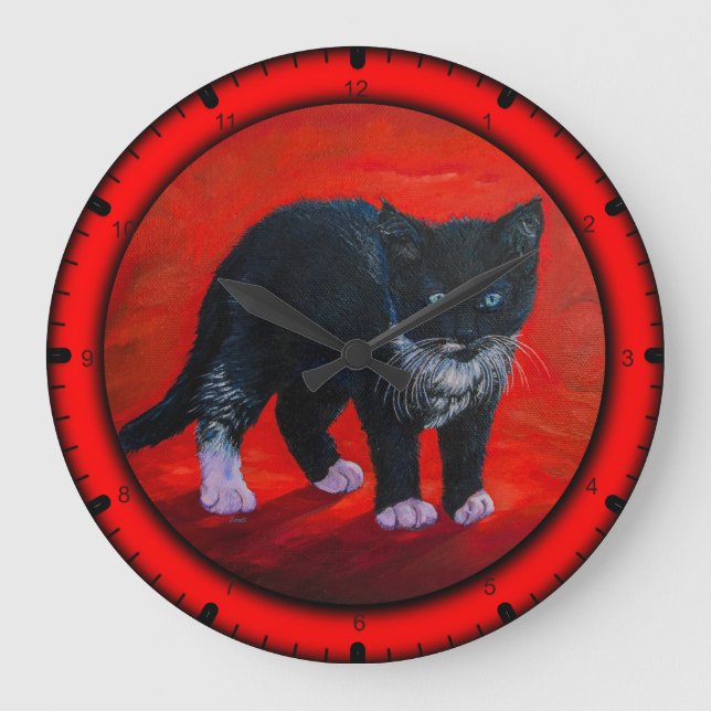 Black kitty cat large clock (Front)
