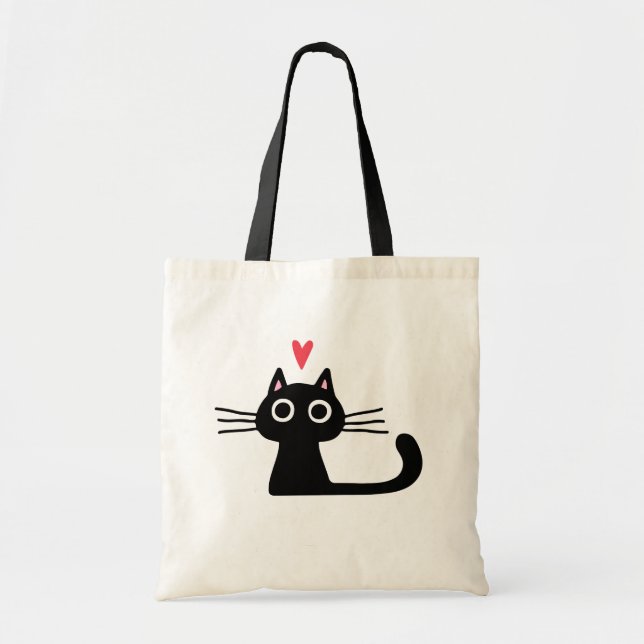 Black Kitty Cat with Valentine Heart  Tote Bag (Front)