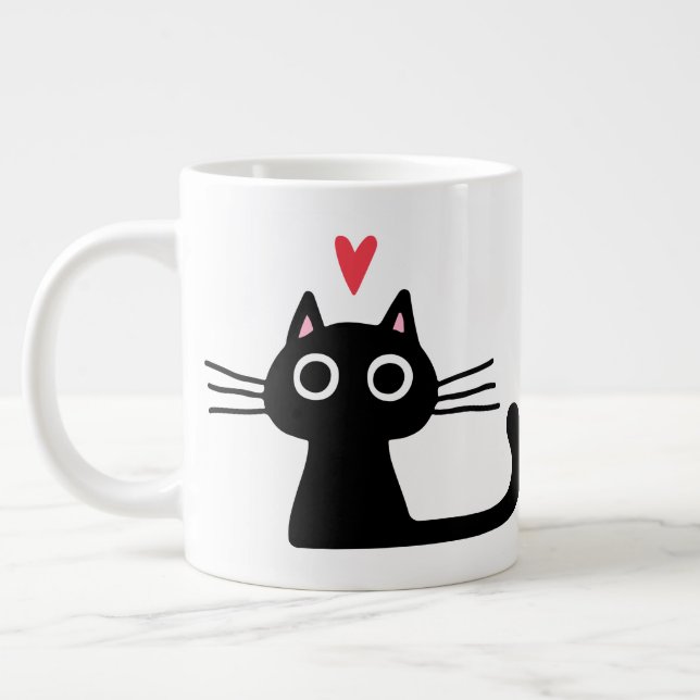Black Kitty Cat with Valentine's Heart Large Coffee Mug (Left)