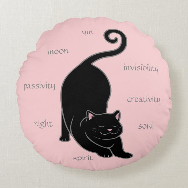Black Kitty Cat Yoga & Editable Text on Pink Round Cushion (Front)