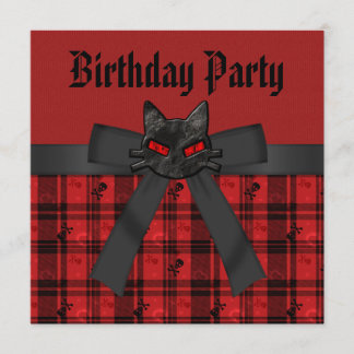 Black Kitty & Skulls Black & Red Plaid Birthday Invitation