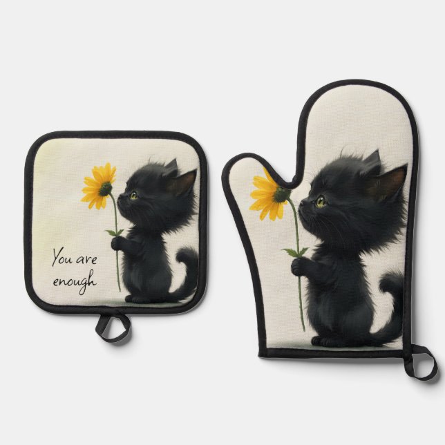 Black Kitty With Daisy and Quote Oven Mitt & Pot Holder Set (Front)