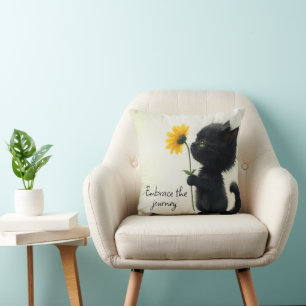 Black Kitty With Yellow Daisy and Quote Cushion