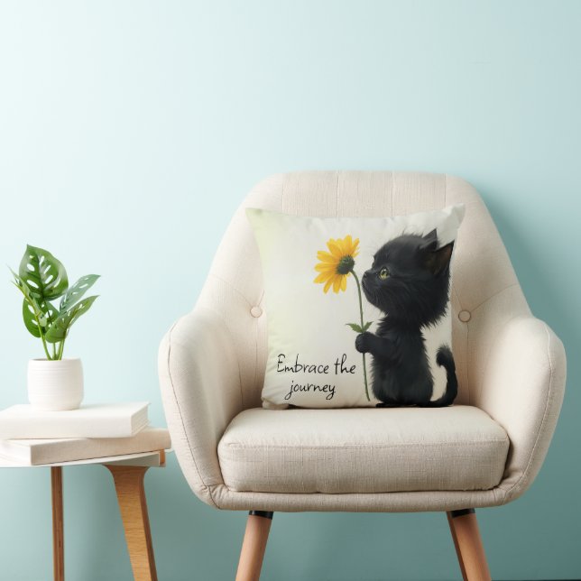 Black Kitty With Yellow Daisy and Quote Cushion (Chair)